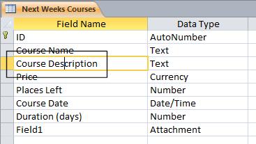 Set the Required option for the Course Date field to Yes. Set the Required option for the Duration field to Yes.