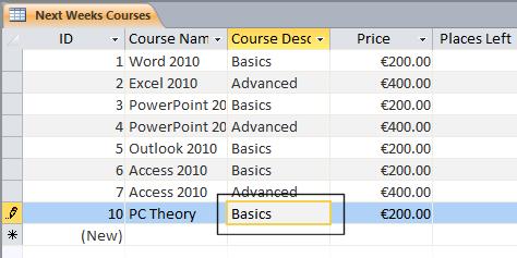 Click on the OK button and enter the word Basics into the Course Description field. Press the Enter key and you will no longer see any error messages. Save your changes and close the Access program.