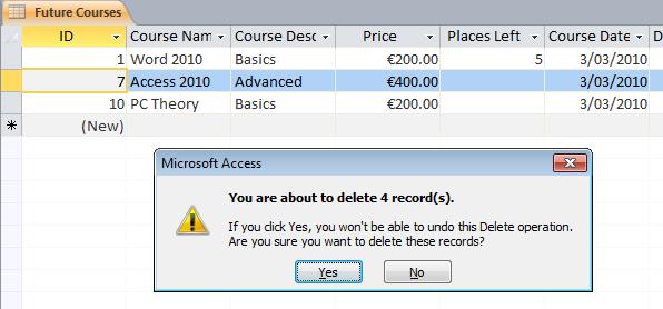Drag down the list to the Access 2010 Basics course and all the rows, i.e. records, will be selected.