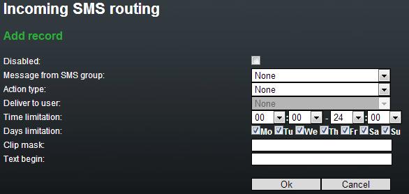 Incoming SMS routing This section helps you set the incoming SMS routing rules, which are included in the incoming SMS routing table. Add record Disabled enable/disable the selected routing rule.