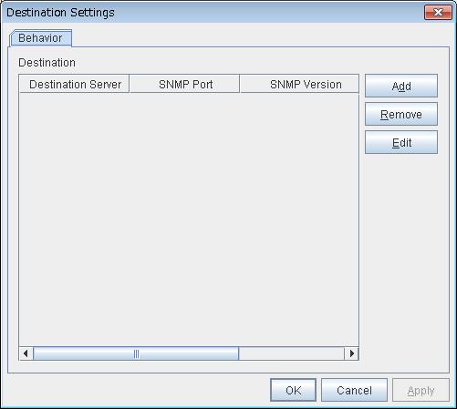 Cluster properties SNMP Settings Click this to display the Destination Settings dialog box which is used for the SNMP trap. Destination Displays the set SNMP trap transmission destinations.