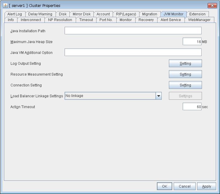 Cluster properties JVM monitor tab Configure detailed parameters for the JVM monitor.