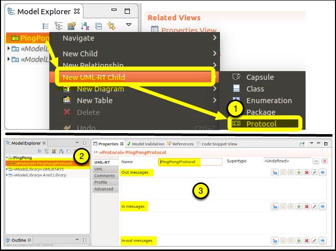 4.1 Create the protocol The first step is to create the protocol itself. 1. Right-click on the "PingPong" model in the Model Explorer and select "New UML-RT Child > Protocol" 2.