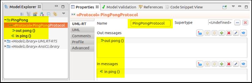 4.4 The "PingPong" protocol is now complete The protocol and its protocol messages can now be seen in both the Model Explorer and the Properties view. 5.