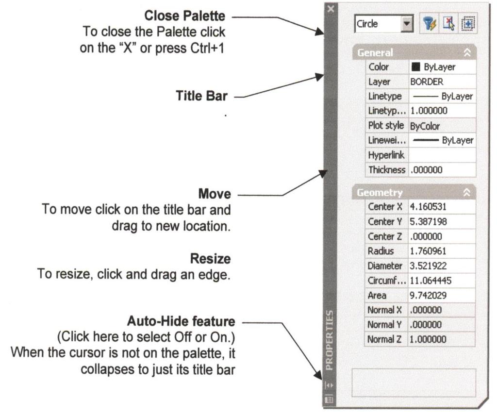 An example of a pre-designed palette would be the Properties Palette shown This palette will appear automatically when you select the Properties command.