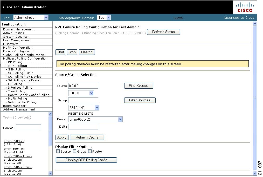 Configuring Specific Multicast Manager Polling Chapter 2 To configure RPF polling: Step 1 Step 2 Select the Administration tool.