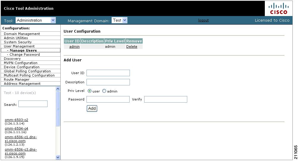 Managing Users and Passwords Chapter 2 The User Configuration page opens, as shown in Figure 2-3. Figure 2-3 Manage Users User Configuration Page Step 3 Step 4 Step 5 Step 6 Step 7 Enter the user ID.