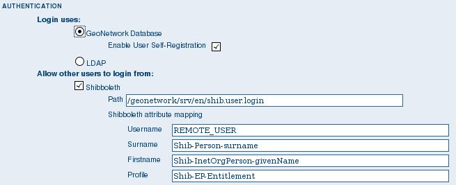 Basic configuration Shibboleth Authentication When using either the GeoNetwork database or LDAP for authentication, you can also configure shibboleth to allow authentication against access