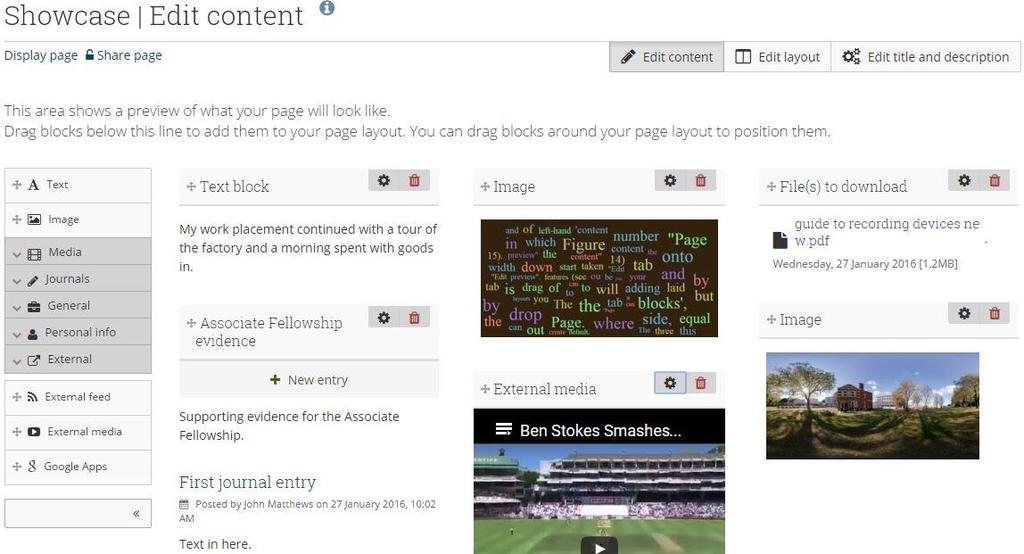Figure 15 - The "Edit content" tab is where to add content to your Pages You will be taken to the "Edit content" tab (see Figure 15) where you can start adding content to your Page.