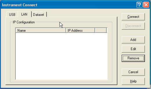 Select the LAN tab in the INSTRUMENT CONNECT dialog window. Click ADD to create a new network connection.