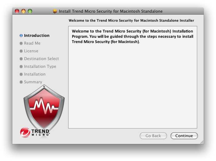 Trend Micro Security for Macintosh User s Guide FIGURE 2-2 Introduction screen 4. Click Continue to view the Important Information screen. 5.
