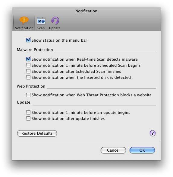Trend Micro Security for Macintosh User s Guide FIGURE 3-10 Notification settings screen 2. Select Show status on the menu bar.