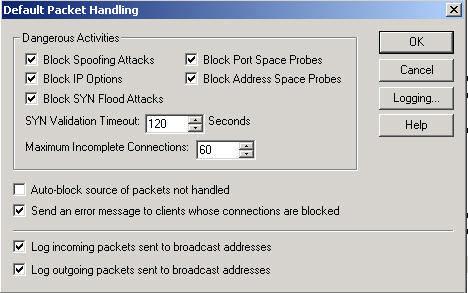 Figure 2.4.8 The following are detailed explanations of each packet handling options. Block Spoofing Attacks This option, when enabled, will attempt to block spoofing attacks against our network.