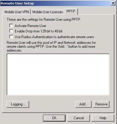 PPTP setup Figure 2.4.32 Should we decide to use PPTP access instead of (or in tandem with) MUVPN IPSec, the above options are available to us.