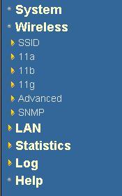 3.3 Wireless Click on the Wireless link on the navigation dropdown menu. You will then see six options: SSID, 11a, 11b, 11g, Advanced, and SNMP.