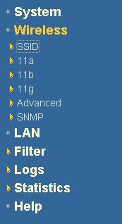 4.3 Wireless Click on the Wireless link on the navigation drop-down menu. You will then see six options: SSID, 11a, 11b, 11g, Advanced, and SNMP.