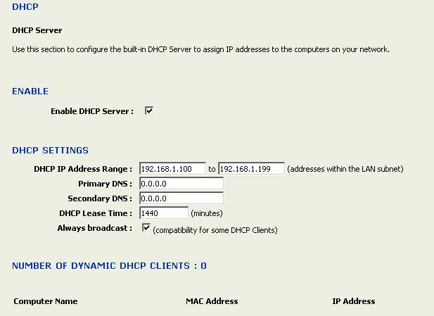Enable DHCP Server: Place a check in this box if you would like this device to function as a DHCP Server. DHCP IP Address Range: Enter the first and last IP address of the range.