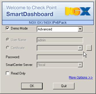 5 Installing SmartConsole NGX IPv6Pack To test the connection 1. Double click on the SmartDashboard icon. The following login window appears: 2.