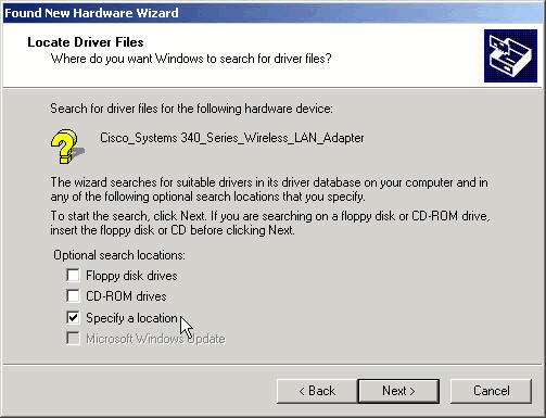If you selected Specify a location, the wizard queries you for the location of the driver files.