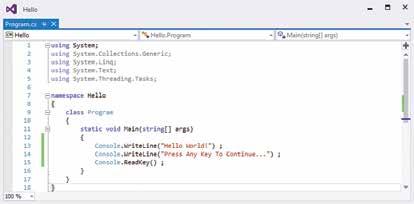 16 Getting started Hello As you type the code a suggestion box will appear. This is the IntelliSense feature.