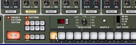 18. Click the Select button for one of the drum sounds. In Redrum, you add drum beats for one sound at the time. 19. Click on the first step button (marked 1).