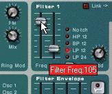 33. Click and drag the Filter 1 Freq slider on the Subtractor panel. The changes you make will be heard immediately. 34. Click stop twice to end recording and go back to the beginning of the song.