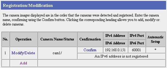 Changing the Setup of Automatically Registered Cameras 1. Click [Camera] on the setup page. 2. Click Modify/Delete under the Operation heading. 3. Set the required fields and click [Modify].