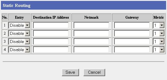 Routing This Function allows you to set dynamic routing and static routing. The setup page is displayed by clicking Routing.