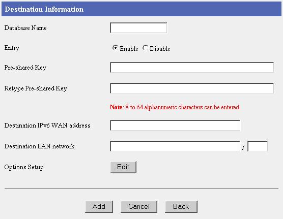 Internet This Product IPsec Tunnel This Product PC PC PC PC 1. Click Add under the Control heading. The Destination Information page is displayed. 2. Enter the necessary data and click [Add].