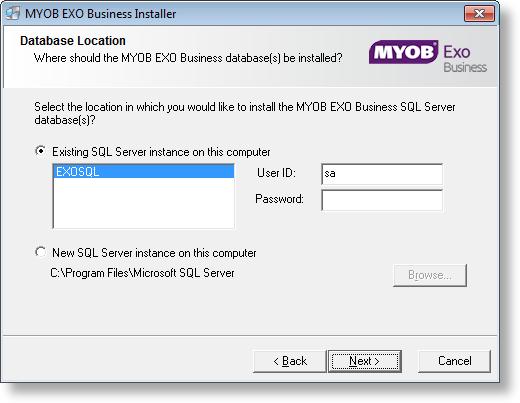 8. If you chose to install the MYOB EXO Business Database components, you must specify where to install the database: To install on an existing SQL Server instance, select the instance and enter a