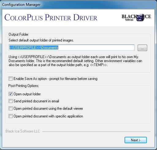 5) BlackIce (ColorPlus Printer Driver) is the next program that will be installed. The first prompt is to specify an Output Folder.