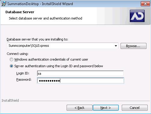 As an example, the dialog box above shows the computer name is SummComputer, so the resulting SQL server instance name will be SummComputer\SQLExpress.