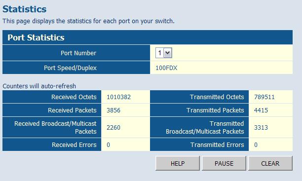 Configuring the Switch Showing Port Statistics You can display statistics on network traffic from the ports.