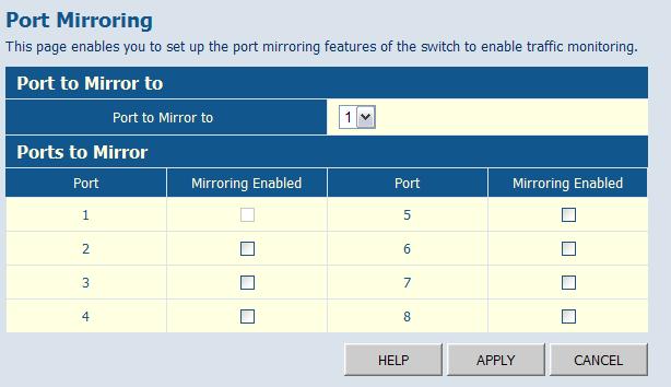 Configuring the Switch Web Click PORTS, Port Mirroring.