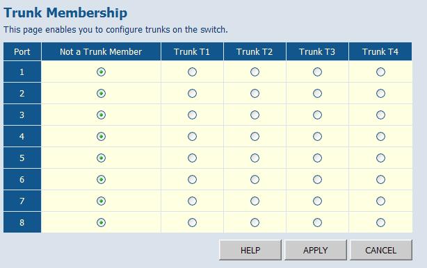 Configuring the Switch Web Click TRUNKS, Membership. To assign a port to a trunk, click the required trunk number, then click APPLY.