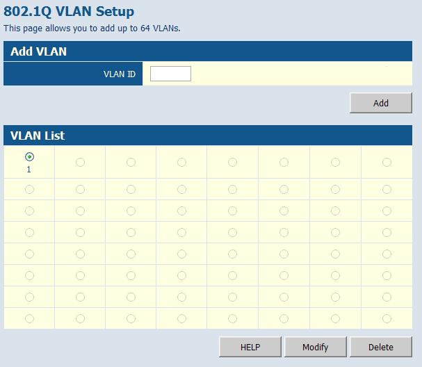 Configuring the Switch Web Click VLANS, VLAN Membership. Create a new VLAN by giving it an ID (Range: 1~4094) and then click Add.