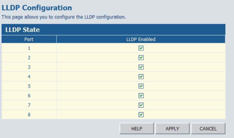 Configuring the Switch Web Click LLDP, Settings. Figure 3-25 LLDP Configuration LLDP Neighbor Table This page displays the LLDP Neighbor Table. This table provides information on neighboring devices.