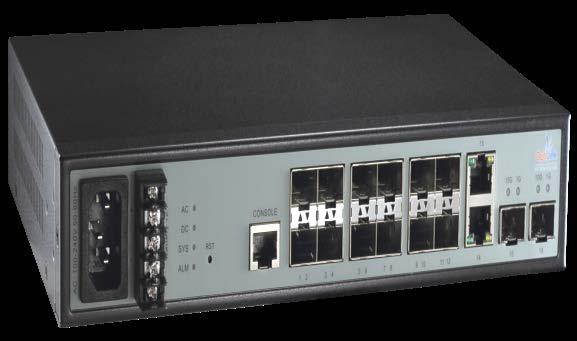 via fiber or copper connections. OP-MEN 99216B delivers 12 GbE SFP ports, 2 RJ45 ports, 2 10GbE SFP+ ports and RJ45 Console port with built-in AC power supply and battery backup power supply.