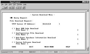 System Download The System Download Menu enables reading Boot Sever Information from a remote BOOTP Server and to download system configuration files, Web Server database information and system