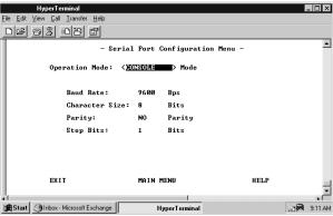 Serial Port Configuration The Serial Port Configuration Menu is used to configure Console Mode connections to a VT-100 terminal emulator and Out-of-Band serial connections to a modem.