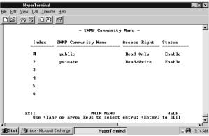 SNMP Community Setup The SNMP Community Setup Menu is used to set up SNMP communities. Up to six Community Names, Access Rights, and Status can be configured.