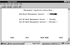 Web-Based Management Configuration The Management Capability Setup Menu allows enabling or disabling Web-Based Management and Out-of-Band Management. Use the space bar to toggle between settings.