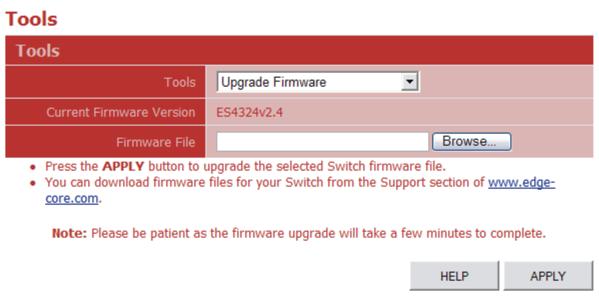 Tools 3 Upgrade Firmware Upgrades the switch system firmware using a file provided by Edgecore.