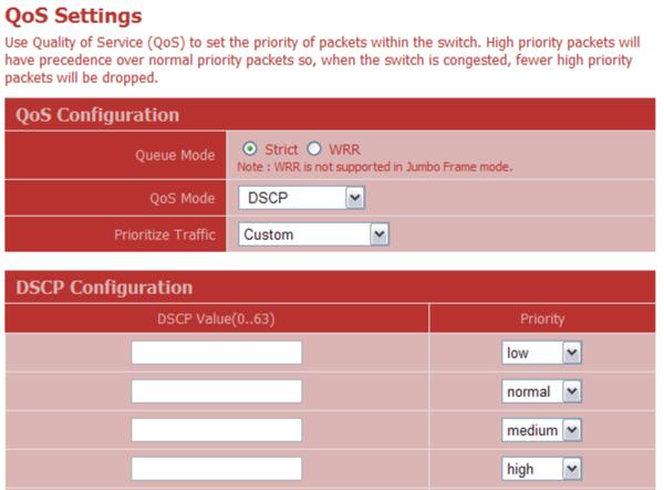 3 Configuring the Switch Figure 3-29 QoS Settings - DSCP Mode Priority Mapping RSTP The Rapid Spanning Tree Protocol (RSTP) is a protocol that prevents loops in the network and dynamically