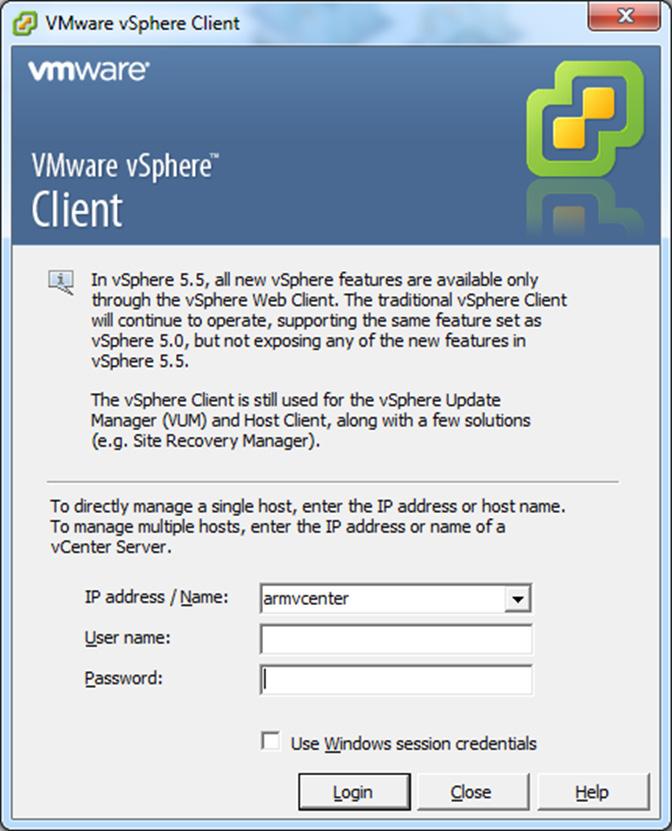 ARM To deploy the Configurator OVA File: 1. Log in to the vsphere client to connect to the vcenter server. Figure 2-1: vsphere Client - Login 2.