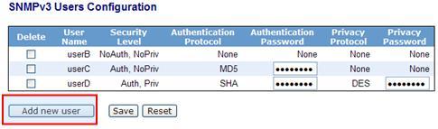 Click SNMP, Users. 2. Click Add new Users. 3. Specify the SNMP Users parameters. 4. Click Save. 5.