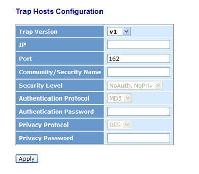 WEB INTERFACE To configure SNMP Trap Hosts setting: 1. Click SNMP, Trap Hosts. 2. Display the SNMP Trap Hosts information table. 3.