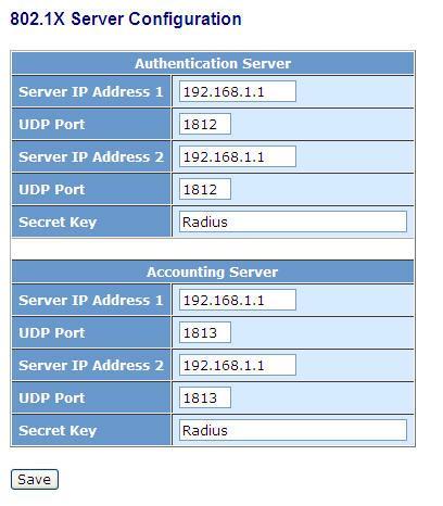 802.1X SERVER CONFIGRATION This function is used to configure the global parameters for RADIUS authentication in 802.1X port security application.. WEB INTERFACE To configure 802.1X Server : 1.