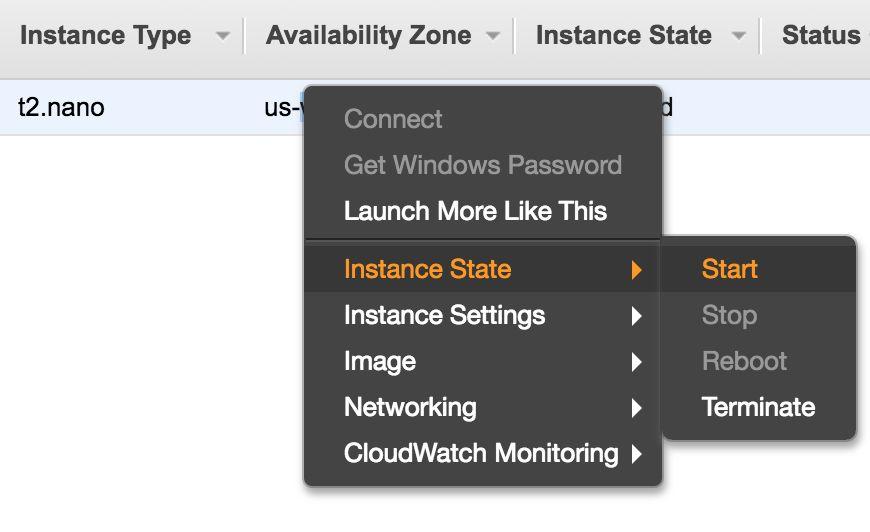 Launch instance Right-click and Start your instance.