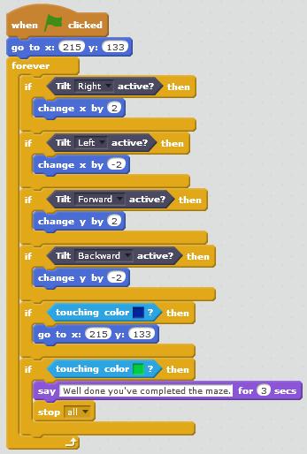 10 TTS Scratch Controller - Teacher Guide Two checks then need to be added. One check is to see if the user has reached the finish point and another is to see if they ve bumped into a wall.